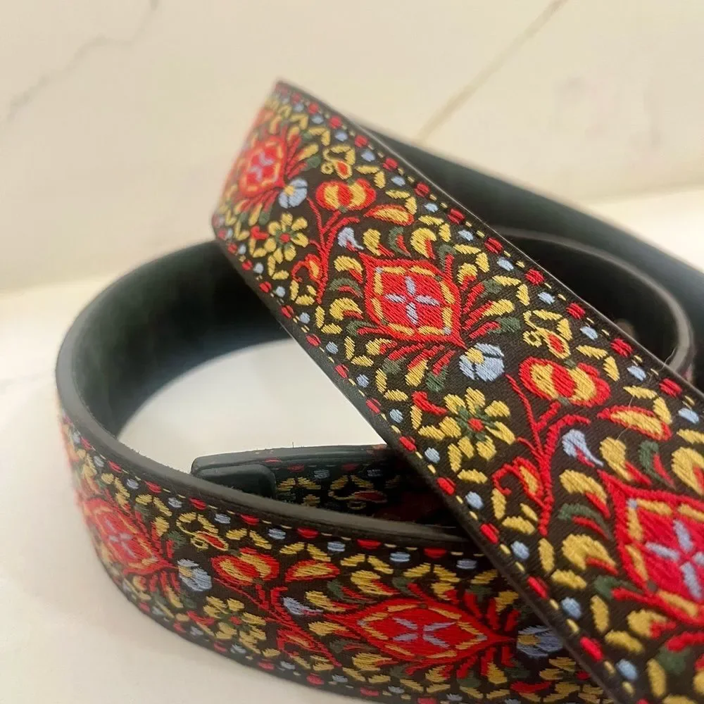 Embroidered Floral Ribbon Belt - Black with Red & Yellow Pattern